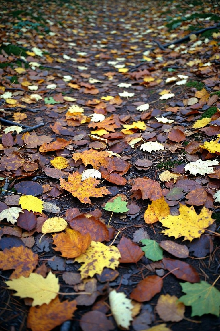 Fallen autumn leaves in rust, yellow, and green covering a forest path, with pine needles and dark soil.
