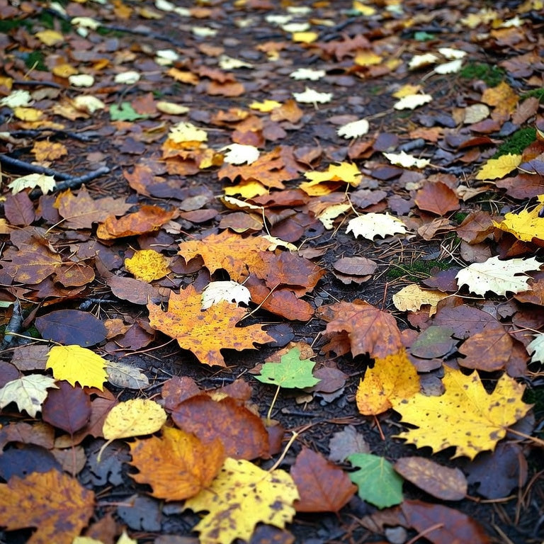 Fallen autumn leaves in rust, yellow, and green covering a forest path, with pine needles and dark soil.