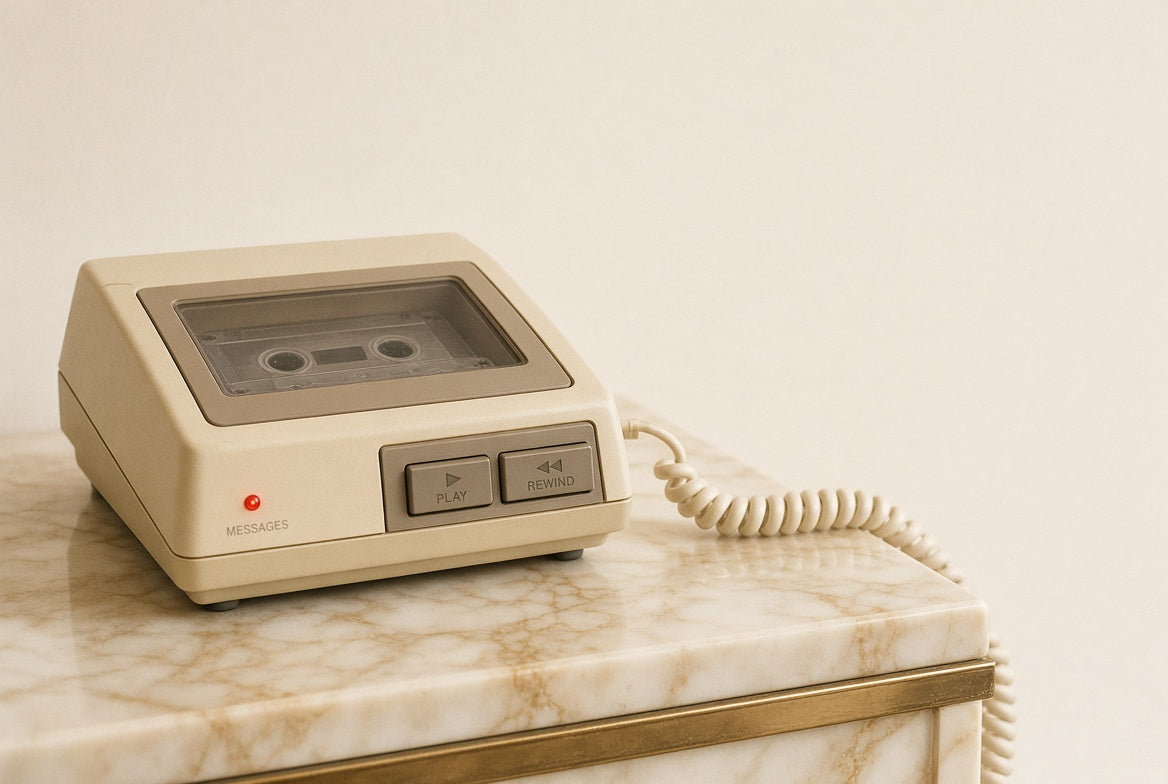 A cream vintage 1980s answering machine on a warm marble console with brass edge, one small red MESSAGES light glowing softly, soft ivory background