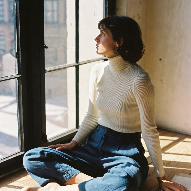 Woman in ivory turtleneck sitting cross-legged by a sunlit window, North Node in Aquarius 2026 rising sign guide