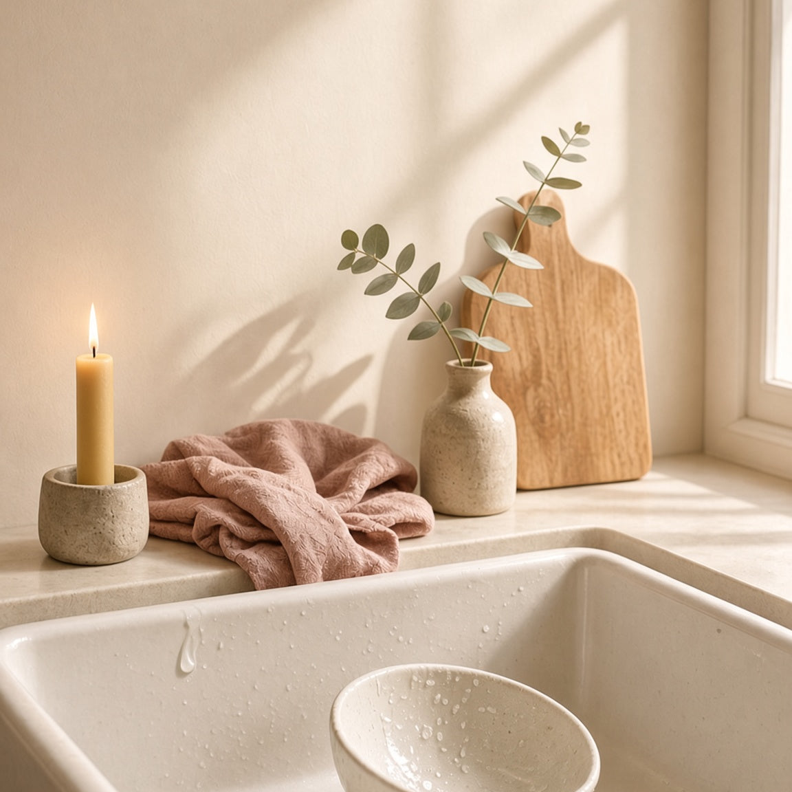 Sunlit farmhouse kitchen sink with one white ceramic bowl being rinsed, a lit ivory taper candle, dusty rose linen, and eucalyptus sprig, a quiet morning ritual.