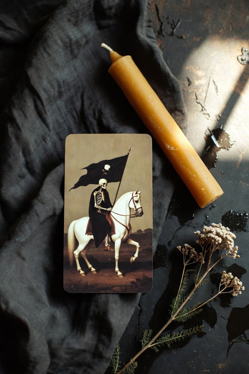 The Death tarot card face up on rumpled dark linen beside a hand-poured amber beeswax candle and a sprig of dried yarrow, soft window light on wet stone