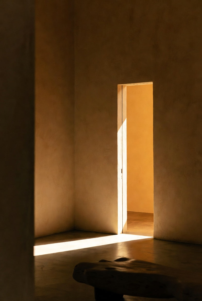 A tall sunlit doorway in a warm plaster room with a shaft of golden light on the floor, thewuwu Lion's Gate portal 2026 guide.