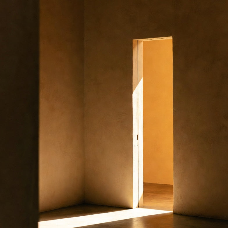 A tall sunlit doorway in a warm plaster room with a shaft of golden light on the floor, thewuwu Lion's Gate portal 2026 guide.