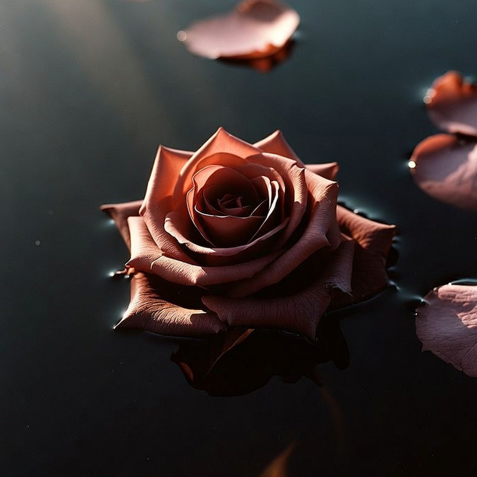 A dusty rose floating on dark still water, loose petals drifting around it in soft light.
