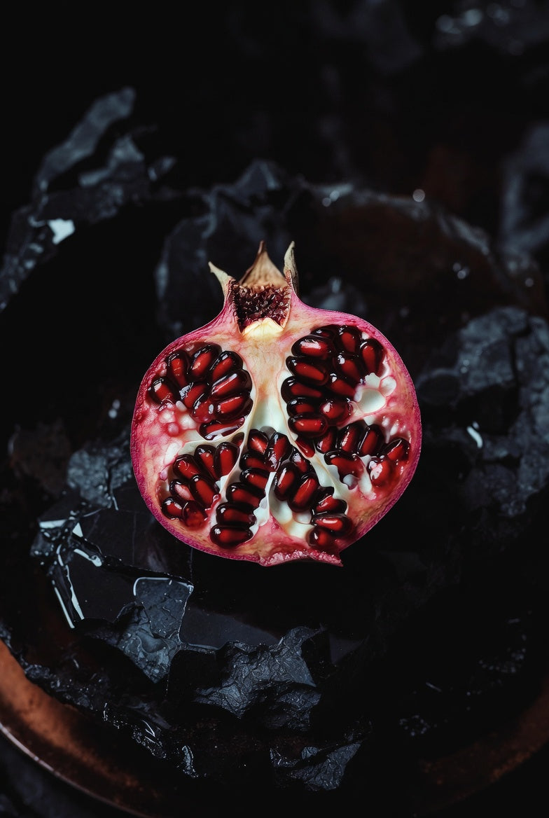 A single ripe pomegranate split cleanly in half on aged dark obsidian stone, seeds catching one warm sliver of copper light from a low source out of frame.