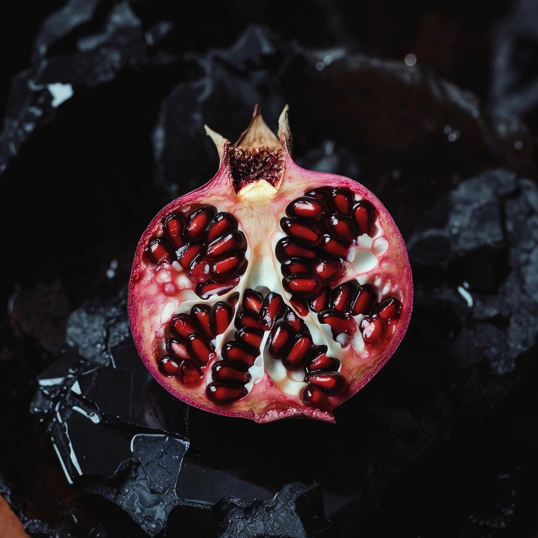 A single ripe pomegranate split cleanly in half on aged dark obsidian stone, seeds catching one warm sliver of copper light from a low source out of frame.