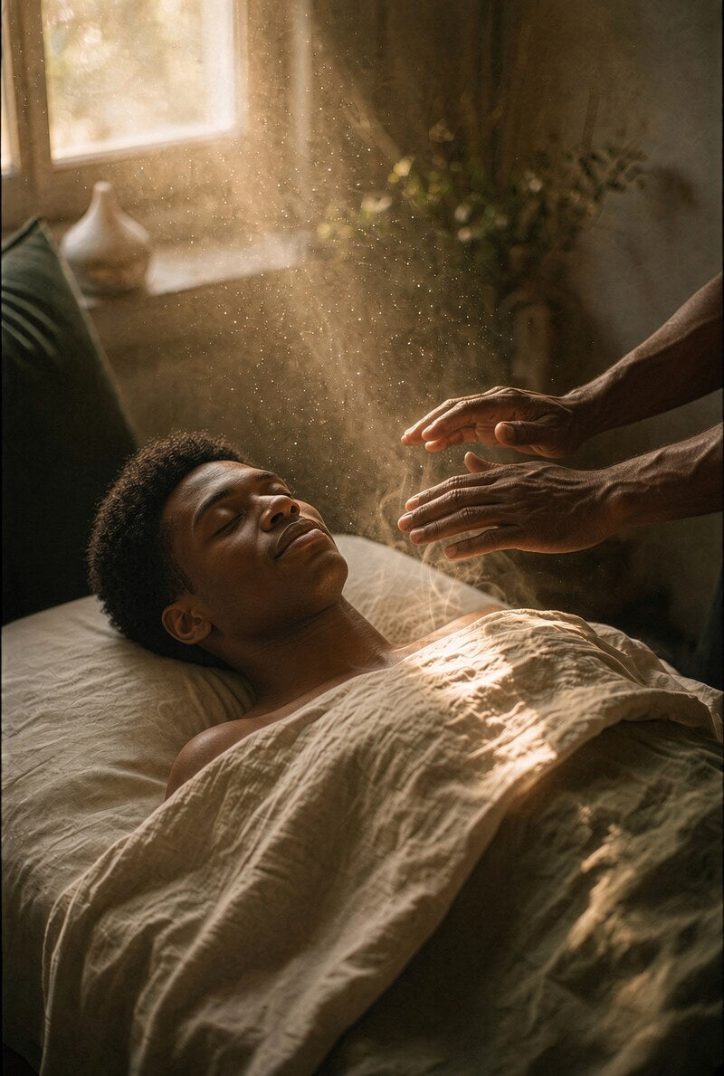 A Black man rests peacefully on a linen-covered massage table as a lightworker's hands hover above his chest, warm sunlight catching dust in the air between them.