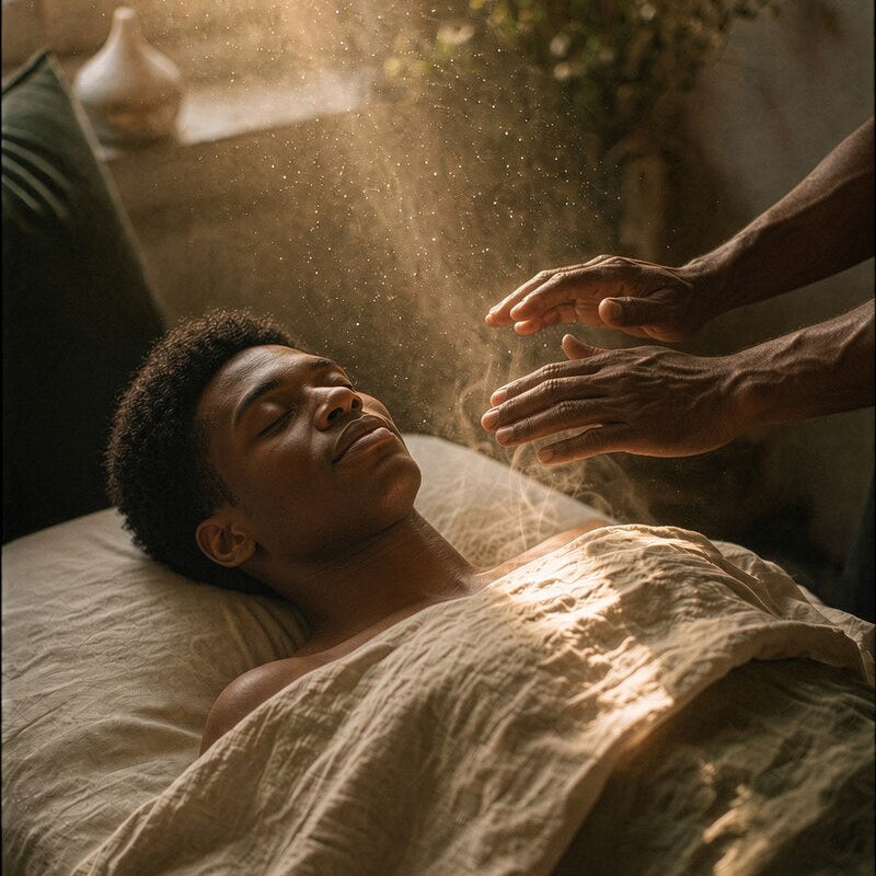 A Black man rests peacefully on a linen-covered massage table as a lightworker's hands hover above his chest, warm sunlight catching dust in the air between them.