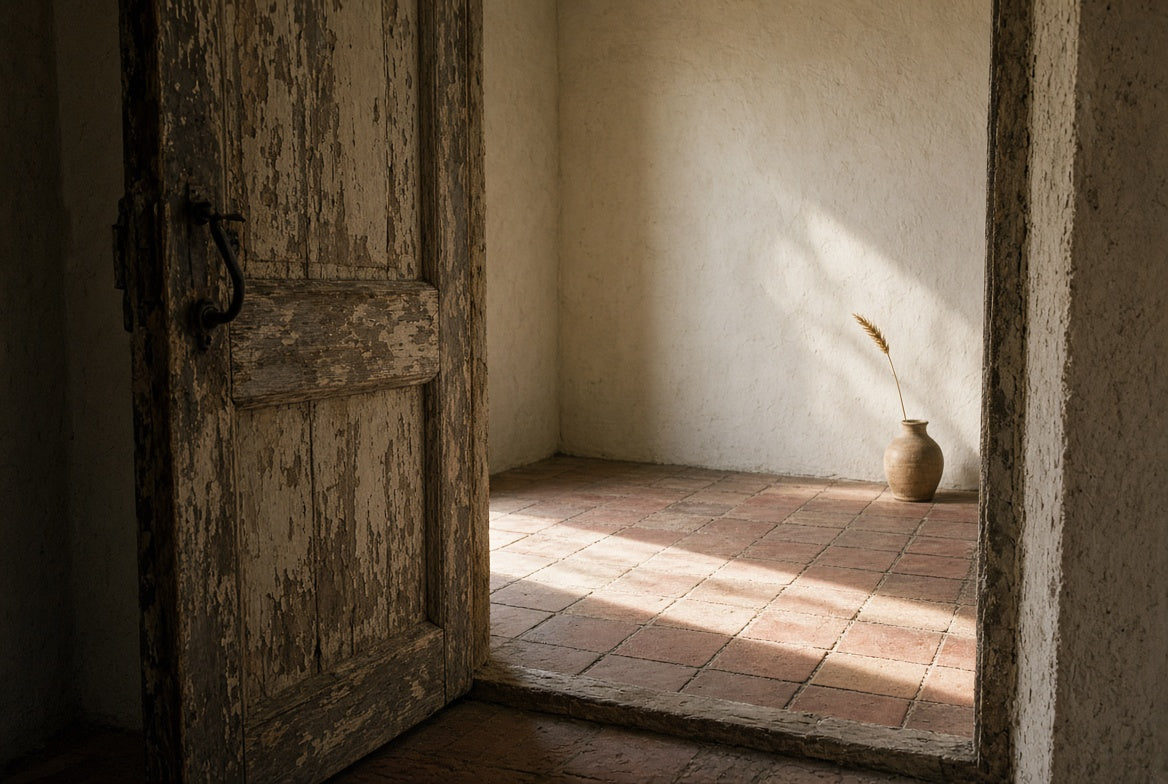 A weathered wooden door slightly open onto a sunlit room with terracotta tile floor and a clay vase holding a single dried wheat stem