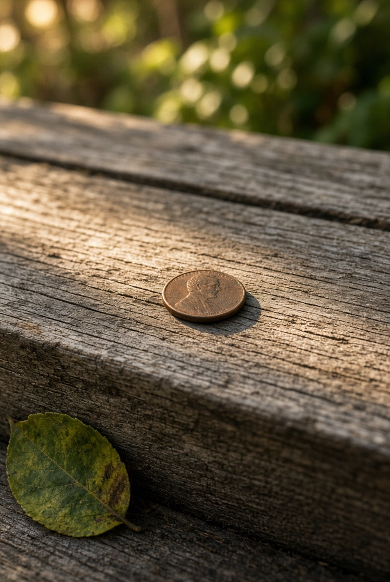 A found penny and a single fallen leaf resting on a weathered wooden porch step in warm afternoon light