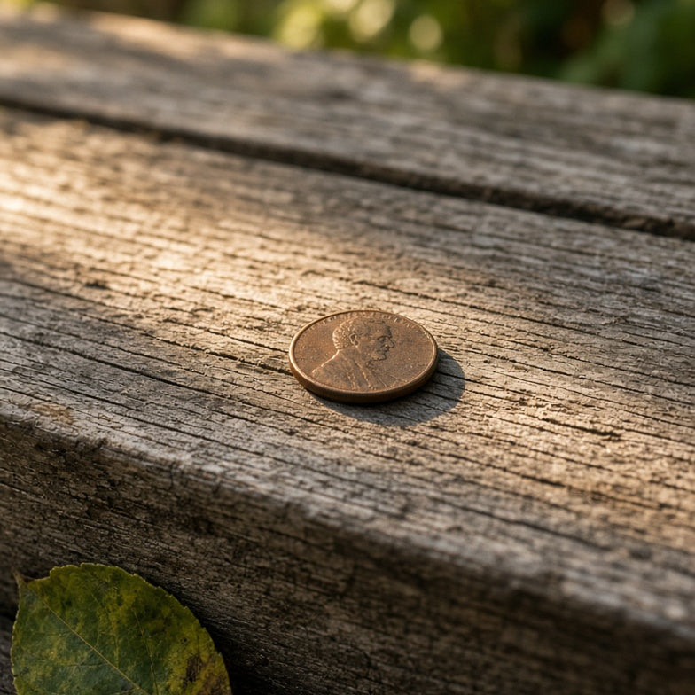 A found penny and a single fallen leaf resting on a weathered wooden porch step in warm afternoon light