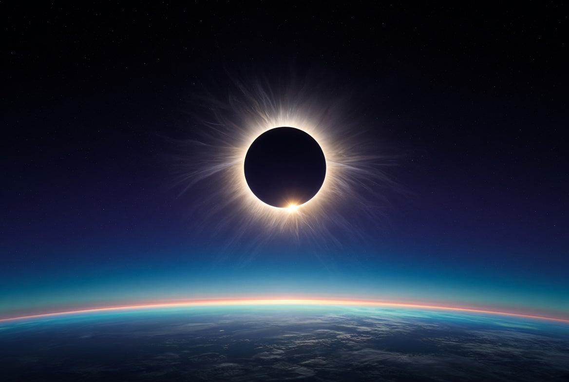 Total solar eclipse over Earth's curved horizon, corona blazing behind the moon
