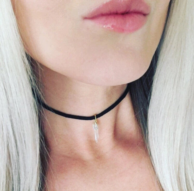 Crystal Quartz and Black Leather Choker
