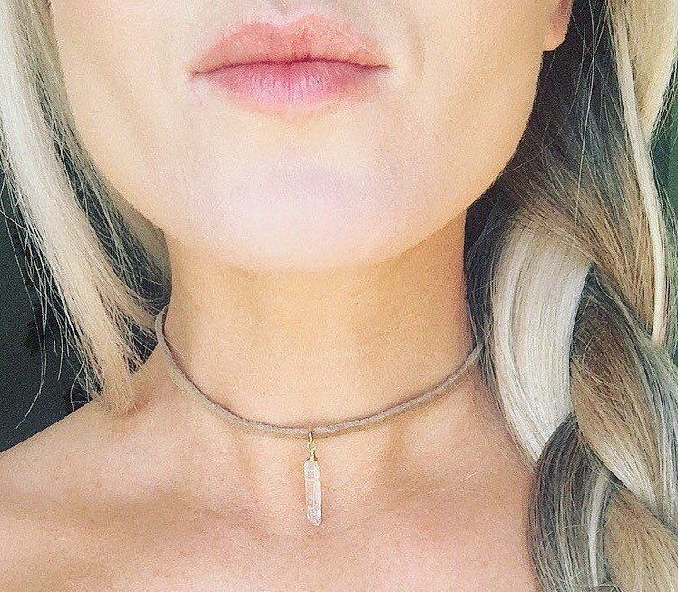 Crystal Quartz and Tan Leather Choker