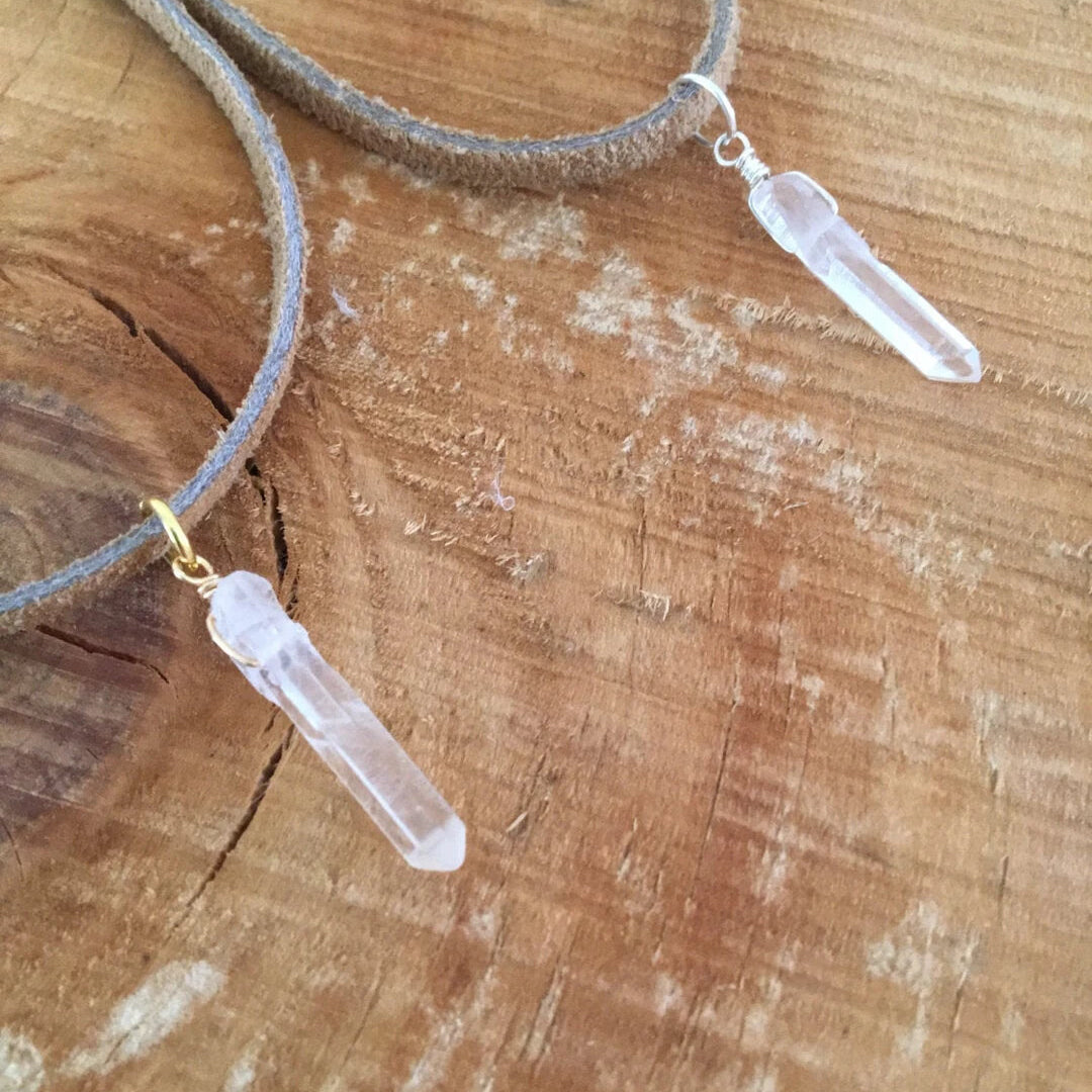 Crystal Quartz and Tan Leather Choker