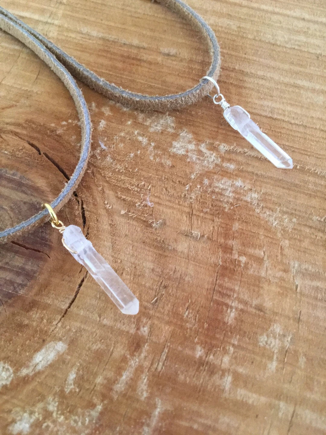 Crystal Quartz and Tan Leather Choker