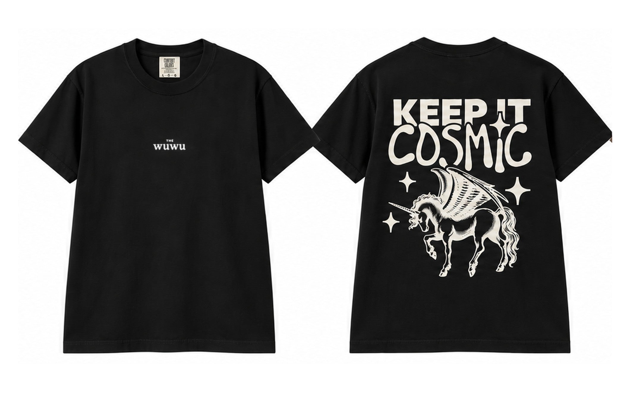 Keep It Cosmic tee in Classic Black, front and back