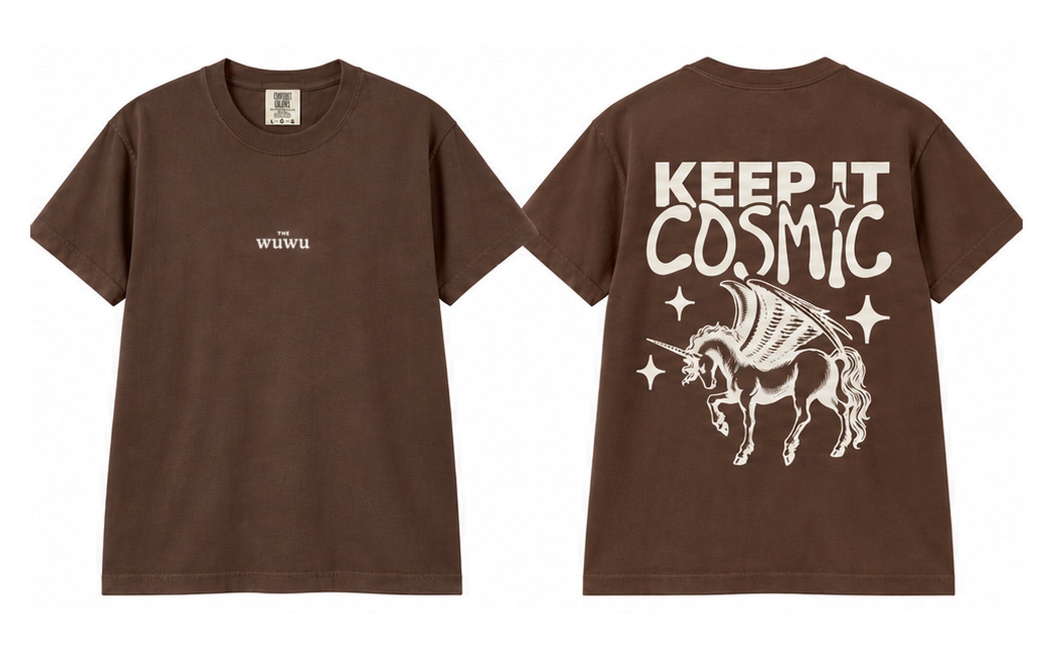 Keep It Cosmic tee in Espresso, front and back