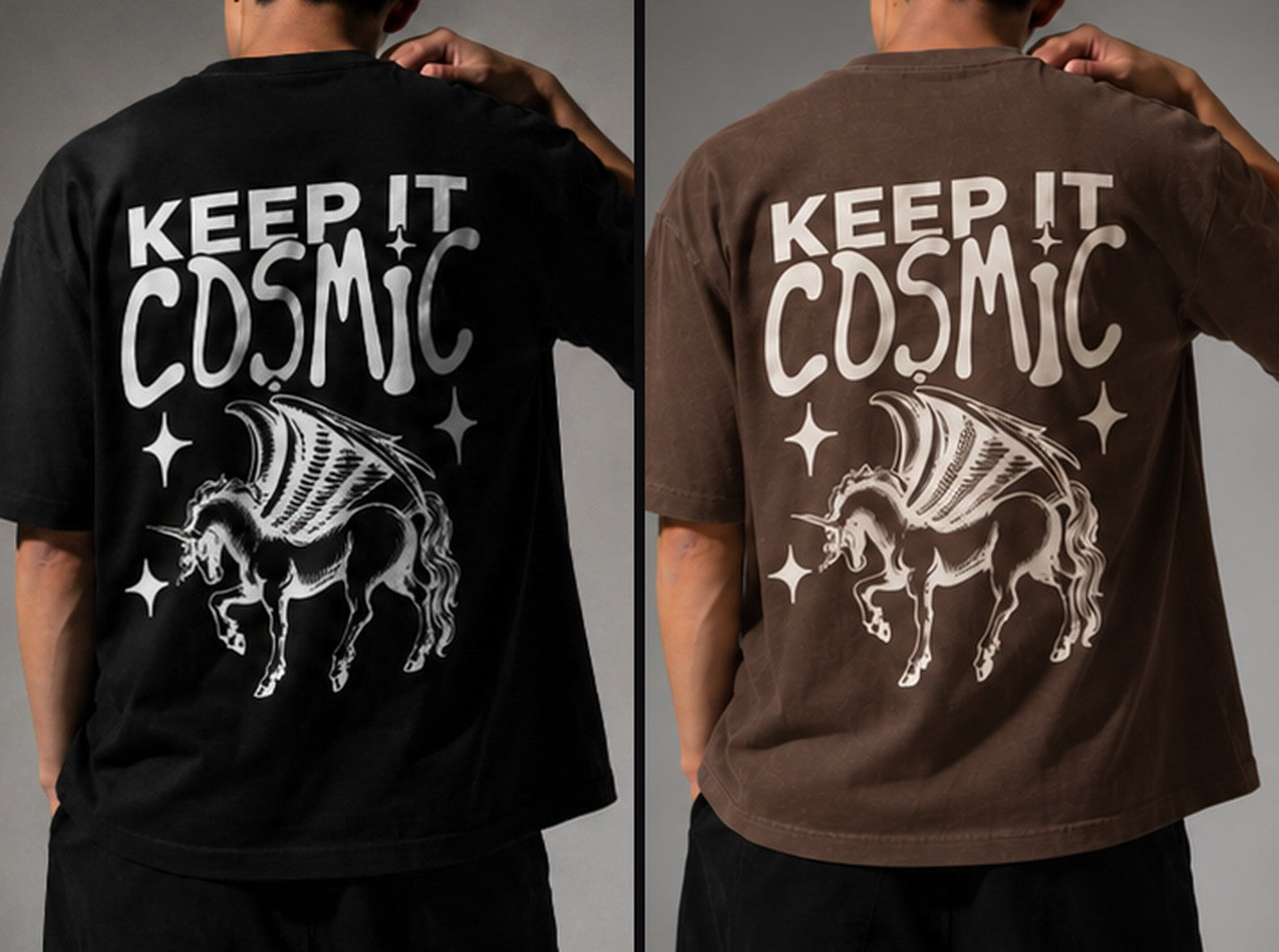The Keep It Cosmic tee in Classic Black and Espresso, back print