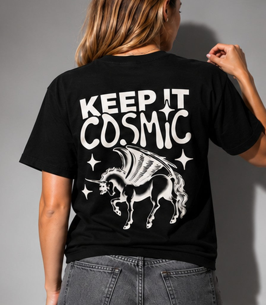 Keep It Cosmic tee worn